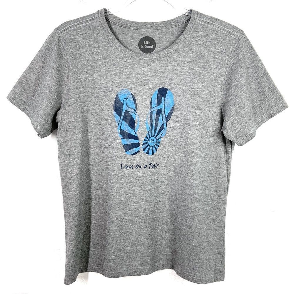 Life Is Good Heathered Gray Flip Flop Graphic Short Sleeve T-Shirt Medium